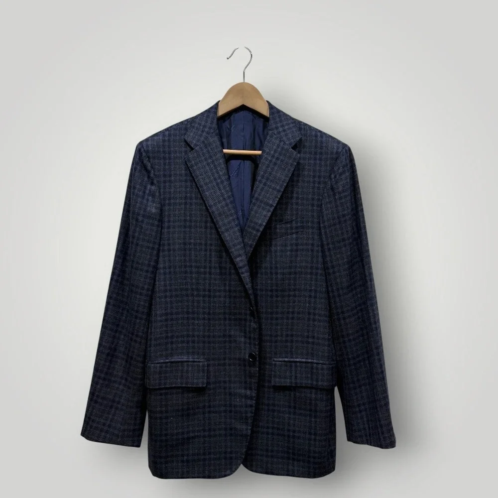 Kiton 100% Cashmere Sport‎ Coat Mens 42R Blue Grey Plaid Blazer Italy Boyd's